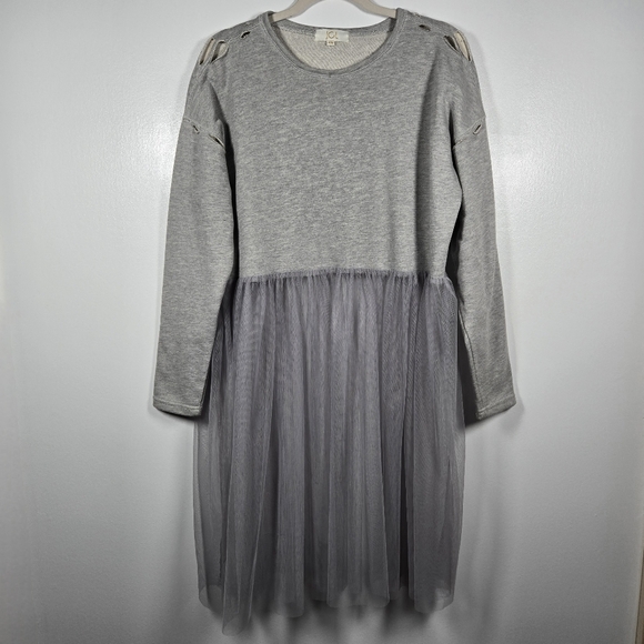 JCL Dresses & Skirts - JCL Paris Gray Distressed Sweatshirt w/ Sheer Tulle Overlay Dress Size S/M